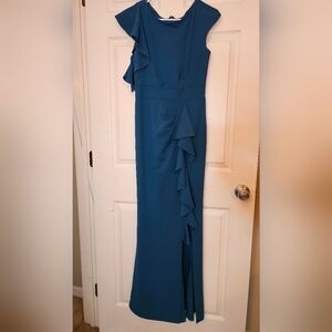 Woosea Sleeveless Mermaid Bodycon Gown Teal Blue Ruffle Slit